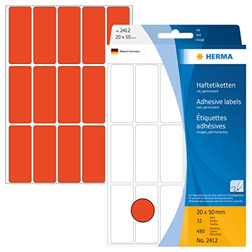 HERMA 2412 Vielzweck-Etiketten, 480 Stück, 20 x 50 mm, 15 pro Bogen, selbstklebend, Haushaltsetiketten zum Beschriften, matt, blanko Papier Klebeetiketten Aufkleber, rot von HERMA