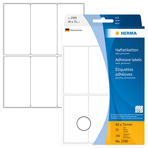 HERMA 2590 Vielzweck-Etiketten, 192 Stück, 40 x 75 mm, 6 pro Bogen, selbstklebend, Haushaltsetiketten zum Beschriften, matt, blanko Papier Klebeetiketten Aufkleber, weiß von HERMA