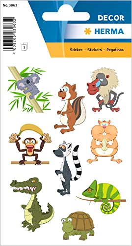 HERMA 3063 Aufkleber Zoo klein, 27 Stück, Tiere Sticker mit Koala Affe Krokodil Schildkröte Motiv, Kinder Etiketten für Fotoalbum Tagebuch Poesiealbum Scrapbooking Geburtstag Deko Briefe DIY Basteln von HERMA