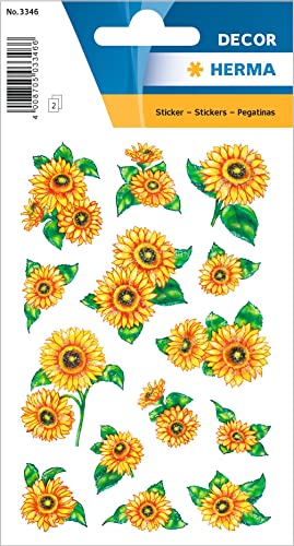 HERMA 3346 Aufkleber Sonnenblumen Glitzer klein, 28 Stück, Blumen Sticker mit Pflanzen Motiv, Kinder Etiketten für Fotoalbum Tagebuch Poesiealbum Scrapbooking Geburtstag Deko Briefe DIY Basteln von HERMA