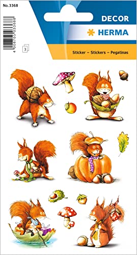 HERMA 3368 Aufkleber Eichhörnchen klein groß, 42 Stück, Tiere Sticker mit Herbst Motiv, Kinder Etiketten für Fotoalbum Tagebuch Poesiealbum Scrapbooking Geburtstag Dekoration Briefe DIY Basteln von HERMA