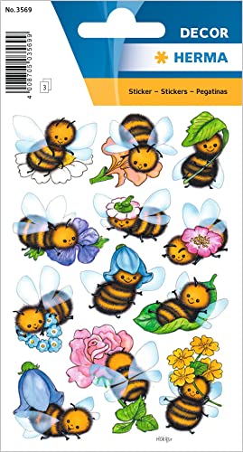 HERMA 3569 Aufkleber Bienen klein groß, 36 Stück, Tiere Sticker mit lustigen Bienen Blumen Motiv, Kinder Etiketten für Fotoalbum Tagebuch Poesiealbum Scrapbooking Geburtstag Deko Briefe DIY Basteln von HERMA