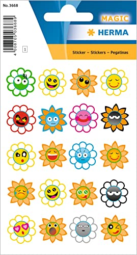 HERMA 3668 Aufkleber Smiley Blumen klein groß, 20 Stück, Belohnung Sticker mit lustigen Emoji Gesicht Motiv, Kinder Etiketten für Schule Grundschule Schüler Tagebuch Scrapbooking Geburtstag Deko DIY von HERMA