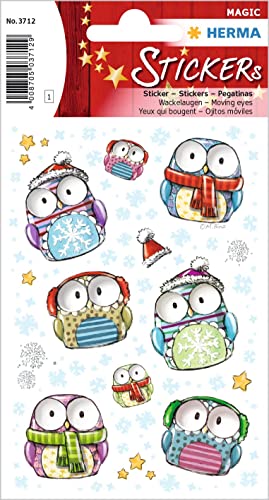 HERMA 3712 Aufkleber Eulen klein groß, 9 Stück, Wackelaugen Tiere Sticker mit lustigen Eule Vogel Motiv, Kinder Etiketten für Fotoalbum Weihnachten Winter Tagebuch Scrapbooking Geburtstag Deko Basteln von HERMA