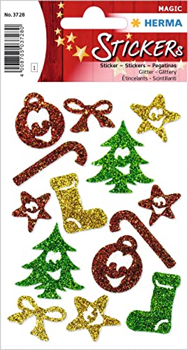 HERMA 3728 Aufkleber Weihnachtsbaum Glitzer klein groß, 14 Stück, Weihnachten Sticker mit Weihnachtskugeln Sterne Motiv, Kinder Etiketten für Weihnachtsdeko Geschenke Adventskalender Winter Dekoration von HERMA