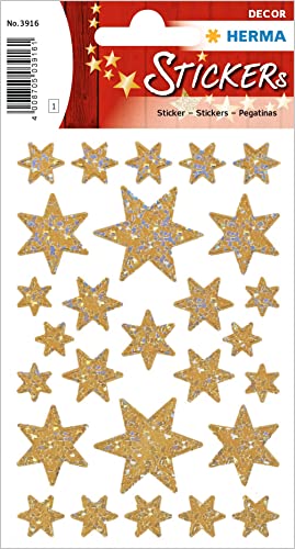 HERMA 3916 Aufkleber Sterne Glitzer Gold, 27 Stück, Stern Sticker aus Hologramm Folie, Weihnachtssticker Sternaufkleber für Weihnachten Geschenke Adventskalender Dekoration Kinder Belohnung Basteln von HERMA