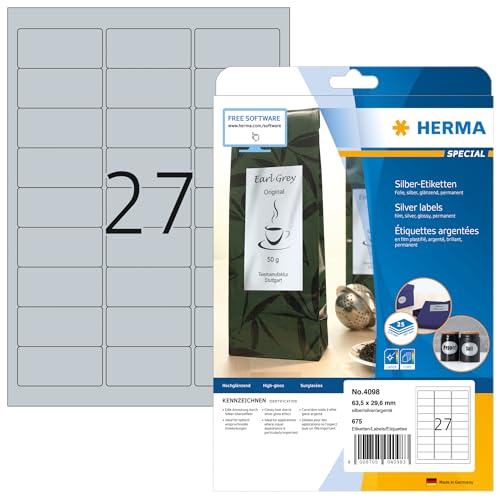 HERMA 4098 Wetterfeste Folienetiketten silber, 800 Blatt, 63,5 x 29,6 mm, 27 pro A4 Bogen, 21600 Stück, selbstklebend, bedruckbar, glänzend, blanko Klebeetiketten Aufkleber aus Folie von HERMA