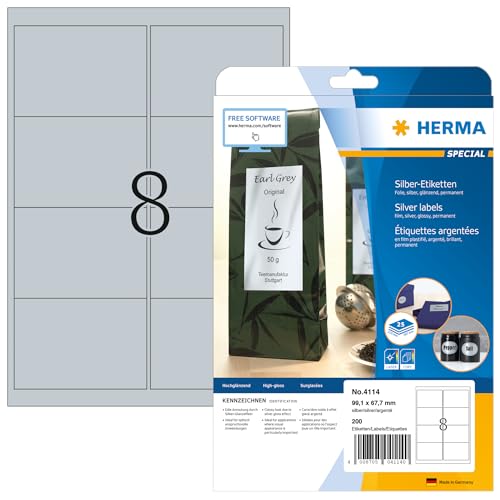 HERMA 4114 Wetterfeste Folienetiketten silber, 25 Blatt, 99,1 x 67,7 mm, 8 pro A4 Bogen, 200 Stück, selbstklebend, bedruckbar, glänzend, blanko Klebeetiketten Aufkleber aus Folie von HERMA