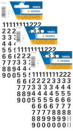 HERMA 4159 Zahlen Aufkleber 0-9, wetterfest (Schriftgröße 10 mm, 1 Blatt, Folie) selbstklebend, permanent haftende Nummern Sticker, 71 Etiketten, transparent/schwarz (Packung mit 3) von HERMA