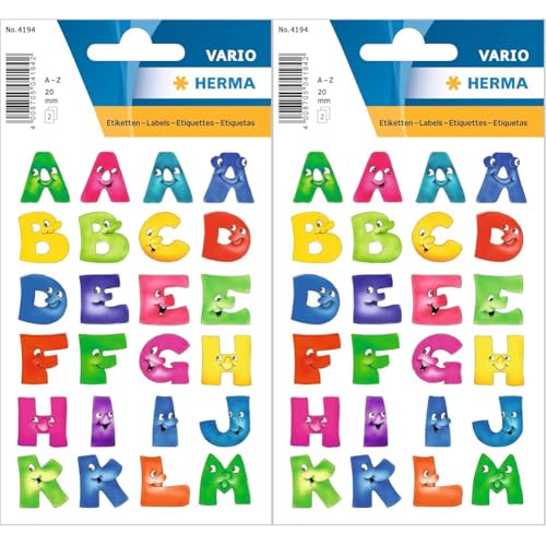 HERMA 4194 Buchstaben Aufkleber bunt, 48 Stück, 20 x 20 mm, selbstklebend, groß, Alphanet Sticker Klebebuchstaben A-Z mit Gesichter aus Papier zum Aufkleben für Kinder, mehrfarbig (Packung mit 2) von HERMA