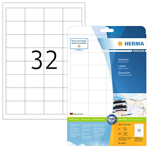 HERMA 4200 Universal Etiketten, 800 Blatt, 48,3 x 33,8 mm, 32 pro A4 Bogen, 25600 Stück, selbstklebend, bedruckbar, matt, blanko Papier Klebeetiketten Aufkleber, weiß von HERMA