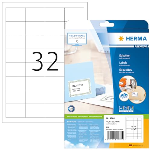 HERMA 4200 Universal Etiketten, 800 Blatt, 48,3 x 33,8 mm, 32 pro A4 Bogen, 25600 Stück, selbstklebend, bedruckbar, matt, blanko Papier Klebeetiketten Aufkleber, weiß von HERMA