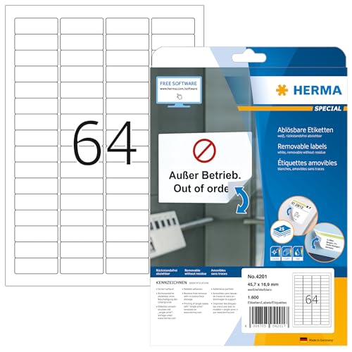 HERMA 4201 Sichtreiteretiketten ablösbar, 800 Blatt, 45,7 x 16,9 mm, 64 pro A4 Bogen, 51200 Stück, selbstklebend, bedruckbar, matt, blanko Sichtreiter Etiketten aus Papier, weiß von HERMA