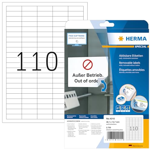 HERMA 4210 Universal Etiketten ablösbar, 800 Blatt, 38,1 x 12,7 mm, 110 pro A4 Bogen, 88000 Stück, selbstklebend, bedruckbar, matt, blanko Papier Klebeetiketten Aufkleber, weiß von HERMA