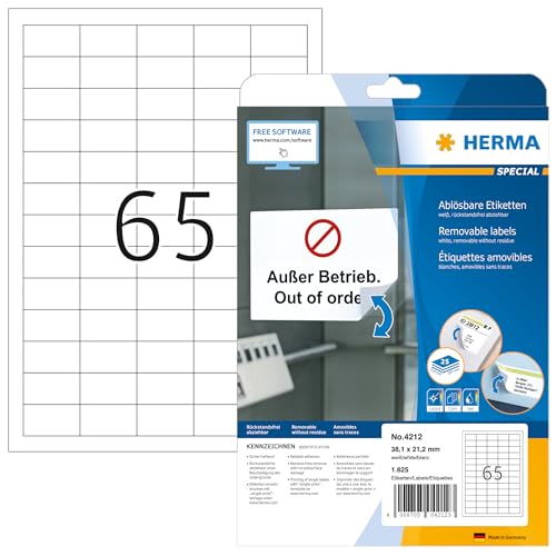 HERMA 4212 Universal Etiketten ablösbar, 25 Blatt, 38,1 x 21,2 mm, 65 pro A4 Bogen, 1625 Stück, selbstklebend, bedruckbar, matt, blanko Papier Klebeetiketten Aufkleber, weiß von HERMA