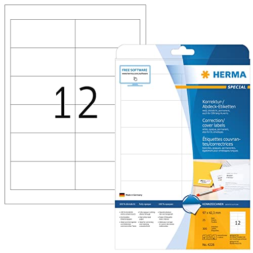 HERMA 4228 Korrekturetiketten blickdicht, 800 Blatt, 97 x 42,3 mm, 12 pro A4 Bogen, 9600 Stück, selbstklebend, bedruckbar, matt, blanko Papier Abdeckaufkleber Etiketten, weiß von HERMA