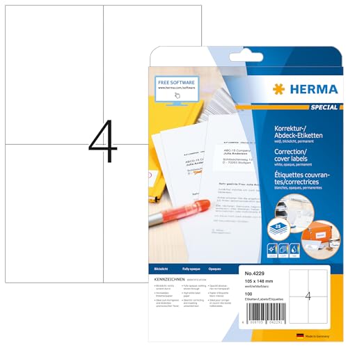 HERMA 4229 Korrekturetiketten blickdicht, 800 Blatt, 105 x 148 mm, 4 pro A4 Bogen, 3200 Stück, selbstklebend, bedruckbar, matt, blanko Papier Abdeckaufkleber Etiketten, weiß von HERMA