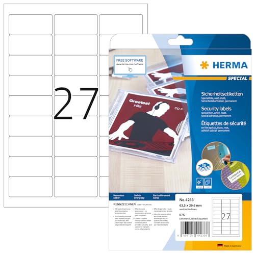 HERMA 4233 Sicherheitsetiketten gegen Manipulation, 800 Blatt, 63,5 x 29,6 mm, 27 pro A4 Bogen, 21600 Stück, selbstklebend, bedruckbar, matt, blanko Klebeetiketten Aufkleber aus Spezialfolie, weiß von HERMA