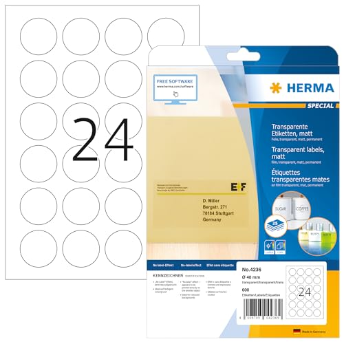 HERMA 4236 Verschlussetiketten transparent rund, 800 Blatt, Ø 40 mm, 24 pro A4 Bogen, 19200 Stück, selbstklebend, bedruckbar, matt, blanko Klebepunkte Aufkleber aus Folie, durchsichtig von HERMA