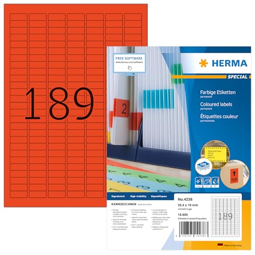 HERMA 4238 Farbige Etiketten rot, 1400 Blatt, 25,4 x 10 mm, 189 pro A4 Bogen, 264600 Stück, selbstklebend, bedruckbar, matt, blanko Papier Farbetiketten Aufkleber von HERMA