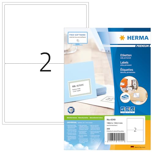 HERMA 4249 Versandetiketten, 100 Blatt, 199,6 x 143,5 mm, 2 pro A4 Bogen, 200 Stück, selbstklebend, bedruckbar, matt, blanko Papier Adressetiketten Aufkleber, weiß von HERMA