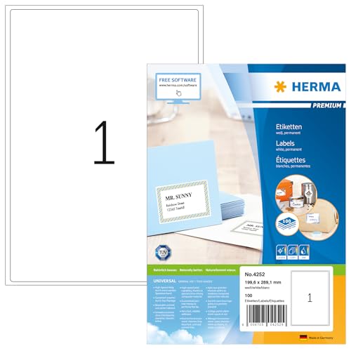 HERMA 4252 Universal Etiketten, 1400 Blatt, 199,6 x 289,1 mm, 1 pro A4 Bogen, 1400 Stück, selbstklebend, bedruckbar, matt, blanko Papier Klebeetiketten Aufkleber, weiß von HERMA