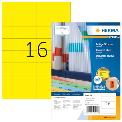 HERMA 4256 Farbige Etiketten gelb, 100 Blatt, 105 x 37 mm, 16 pro A4 Bogen, 1600 Stück, selbstklebend, bedruckbar, matt, blanko Papier Farbetiketten Aufkleber von HERMA