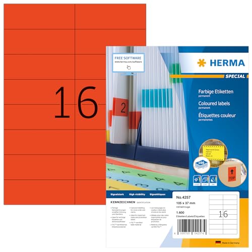 HERMA 4257 Farbige Etiketten rot, 1400 Blatt, 105 x 37 mm, 16 pro A4 Bogen, 22400 Stück, selbstklebend, bedruckbar, matt, blanko Papier Farbetiketten Aufkleber von HERMA