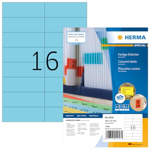 HERMA 4258 Farbige Etiketten blau, 100 Blatt, 105 x 37 mm, 16 pro A4 Bogen, 1600 Stück, selbstklebend, bedruckbar, matt, blanko Papier Farbetiketten Aufkleber von HERMA