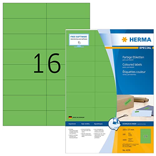 HERMA 4259 Farbige Etiketten grün, 100 Blatt, 105 x 37 mm, 16 pro A4 Bogen, 1600 Stück, selbstklebend, bedruckbar, matt, blanko Papier Farbetiketten Aufkleber von HERMA