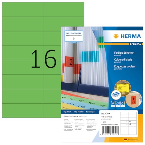 HERMA 4259 Farbige Etiketten grün, 1400 Blatt, 105 x 37 mm, 16 pro A4 Bogen, 22400 Stück, selbstklebend, bedruckbar, matt, blanko Papier Farbetiketten Aufkleber von HERMA