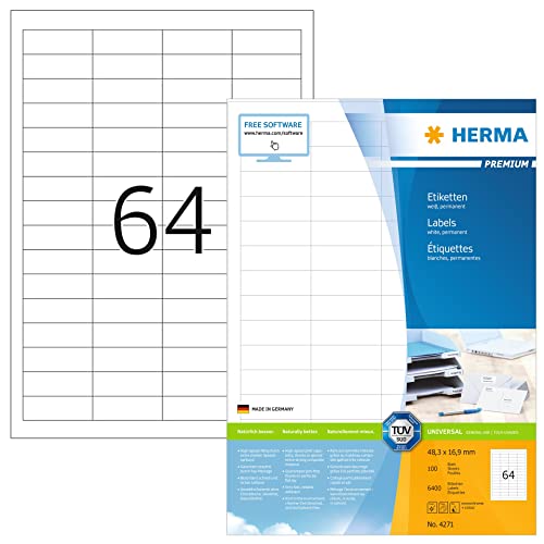 HERMA 4271 Universal Etiketten, 1400 Blatt, 48,3 x 16,9 mm, 64 pro A4 Bogen, 89600 Stück, selbstklebend, bedruckbar, matt, blanko Papier Klebeetiketten Aufkleber, weiß von HERMA