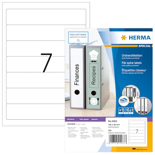 HERMA 4283 Ordnerrücken Etiketten kurz schmal, 100 Blatt, 192 x 38 mm, 7 pro A4 Bogen, 700 Stück, selbstklebend, bedruckbar, blickdicht, blanko Papier Ordneretiketten Rückenschilder Aufkleber, weiß von HERMA