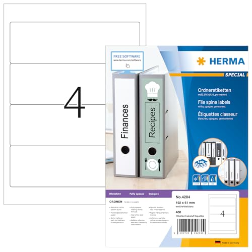 HERMA 4284 Ordnerrücken Etiketten kurz breit, 100 Blatt, 192 x 61 mm, 4 pro A4 Bogen, 400 Stück, selbstklebend, bedruckbar, blickdicht, blanko Papier Ordneretiketten Rückenschilder Aufkleber, weiß von HERMA