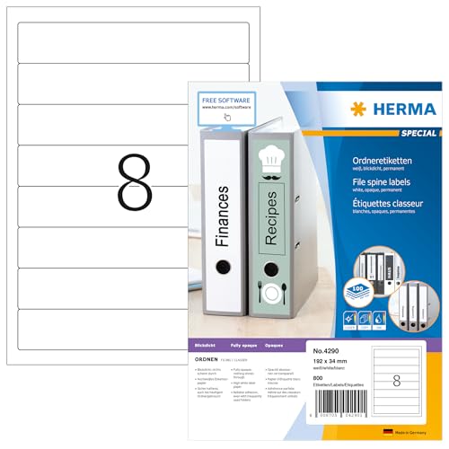 HERMA 4290 Ordnerrücken Etiketten kurz schmal, 1400 Blatt, 192 x 34 mm, 8 pro A4 Bogen, 11200 Stück, selbstklebend, bedruckbar, blickdicht, blanko Papier Ordneretiketten Rückenschilder Aufkleber, weiß von HERMA