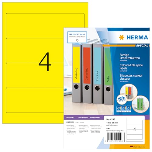 HERMA 4296 Ordnerrücken Etiketten kurz breit, 100 Blatt, 192 x 61 mm, 4 pro A4 Bogen, 400 Stück, selbstklebend, bedruckbar, blickdicht, blanko Papier Ordneretiketten Rückenschilder Aufkleber, gelb von HERMA