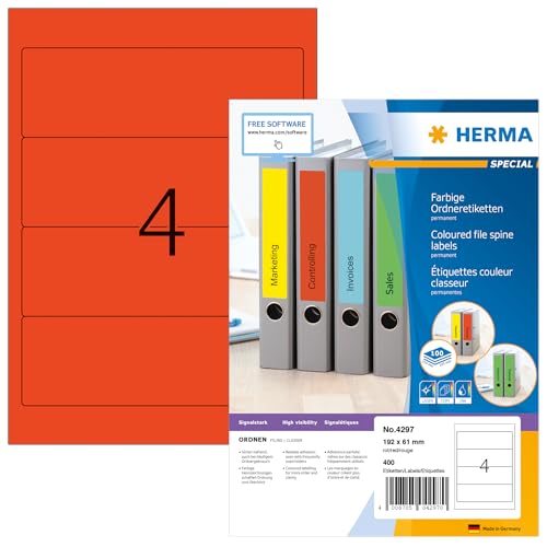 HERMA 4297 Ordnerrücken Etiketten kurz breit, 100 Blatt, 192 x 61 mm, 4 pro A4 Bogen, 400 Stück, selbstklebend, bedruckbar, blickdicht, blanko Papier Ordneretiketten Rückenschilder Aufkleber, rot von HERMA