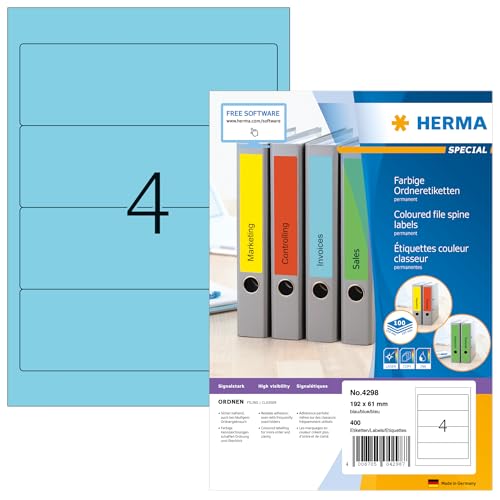 HERMA 4298 Ordnerrücken Etiketten kurz breit, 100 Blatt, 192 x 61 mm, 4 pro A4 Bogen, 400 Stück, selbstklebend, bedruckbar, blickdicht, blanko Papier Ordneretiketten Rückenschilder Aufkleber, blau von HERMA