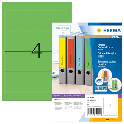 HERMA 4299 Ordnerrücken Etiketten kurz breit, 1400 Blatt, 192 x 61 mm, 4 pro A4 Bogen, 5600 Stück, selbstklebend, bedruckbar, blickdicht, blanko Papier Ordneretiketten Rückenschilder Aufkleber, grün von HERMA