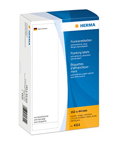 HERMA 4322 Frankieretiketten für Frankiermaschinen, 163 x 44 mm, 500 Stück, selbstklebend, matt, einzeln, Papier Frankier-Etiketten Klebeetiketten Aufkleber mit Abziehlasche, weiß von HERMA