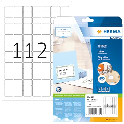 HERMA 4334 Universal Etiketten, 800 Blatt, 25,4 x 16,9 mm, 112 pro A4 Bogen, 89600 Stück, selbstklebend, bedruckbar, matt, blanko Papier Klebeetiketten Aufkleber, weiß von HERMA