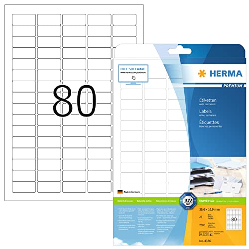 HERMA 4336 Universal Etiketten, 800 Blatt, 35,6 x 16,9 mm, 80 pro A4 Bogen, 64000 Stück, selbstklebend, bedruckbar, matt, blanko Papier Klebeetiketten Aufkleber, weiß von HERMA