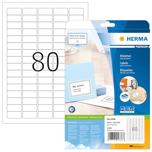 HERMA 4336 Universal Etiketten, 800 Blatt, 35,6 x 16,9 mm, 80 pro A4 Bogen, 64000 Stück, selbstklebend, bedruckbar, matt, blanko Papier Klebeetiketten Aufkleber, weiß von HERMA