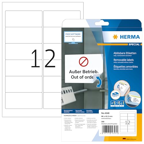 HERMA 4348 Universal Etiketten ablösbar, 25 Blatt, 96 x 42,3 mm, 12 pro A4 Bogen, 300 Stück, selbstklebend, bedruckbar, matt, blanko Papier Klebeetiketten Aufkleber, weiß von HERMA