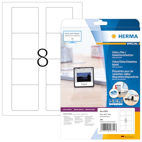 HERMA 4355 Disketten Etiketten 3,5 Zoll, 800 Blatt, 70 x 67,7 mm, 8 pro A4 Bogen, 6400 Stück, selbstklebend, bedruckbar, matt, blanko Papier ZIP-Disk Klebeetiketten Aufkleber, weiß von HERMA