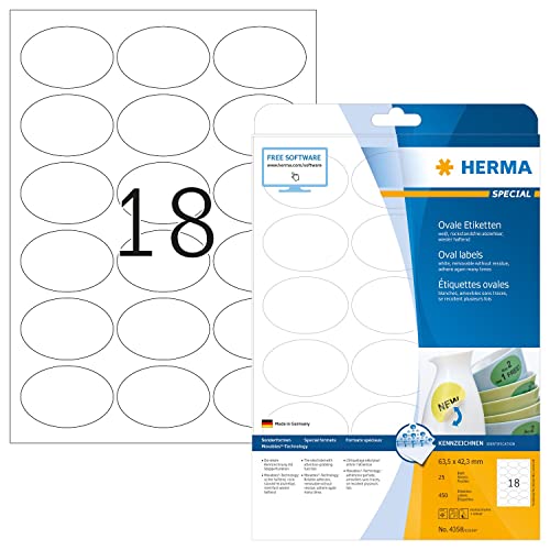 HERMA 4358 Universal Etiketten ablösbar, 800 Blatt, 63,5 x 42,3 mm, 18 pro A4 Bogen, 14400 Stück, selbstklebend, bedruckbar, matt, blanko Papier Klebeetiketten Aufkleber, weiß von HERMA