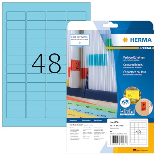 HERMA 4368 Farbige Etiketten blau ablösbar, 20 Blatt, 45,7 x 21,2 mm, 48 pro A4 Bogen, 960 Stück, selbstklebend, bedruckbar, matt, blanko Papier Farbetiketten Aufkleber von HERMA