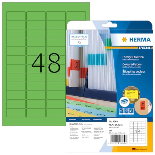 HERMA 4369 Farbige Etiketten grün ablösbar, 20 Blatt, 45,7 x 21,2 mm, 48 pro A4 Bogen, 960 Stück, selbstklebend, bedruckbar, matt, blanko Papier Farbetiketten Aufkleber von HERMA