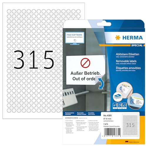 HERMA 4385 Universal Etiketten ablösbar rund, 25 Blatt, Ø 10 mm, 315 pro A4 Bogen, 7875 Stück, selbstklebend, bedruckbar, matt, blanko Papier Klebeetiketten Aufkleber, weiß von HERMA