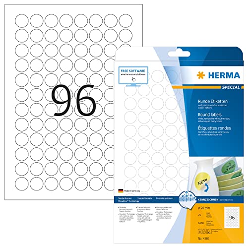 HERMA 4386 Universal Etiketten ablösbar rund, 800 Blatt, Ø 20 mm, 96 pro A4 Bogen, 76800 Stück, selbstklebend, bedruckbar, matt, blanko Papier Klebeetiketten Aufkleber, weiß von HERMA